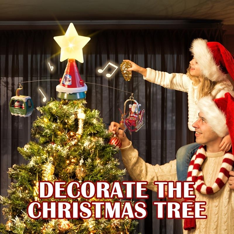 Rotating Christmas Tree Star Topper Carousel with LED Lights & Music Santa Claus Home Decorations USB-Powered 2026 New Year Holiday Decor