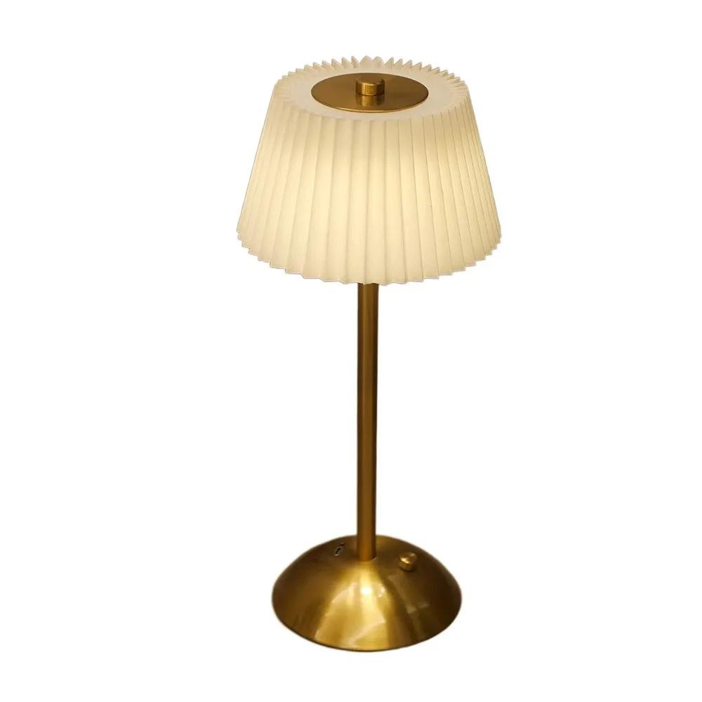 3 Color Lights Small Pleated Table Lamp Touch Control Fabric Shade Desk Ambient Light Cordless USB Rechargeable Nightstand Light