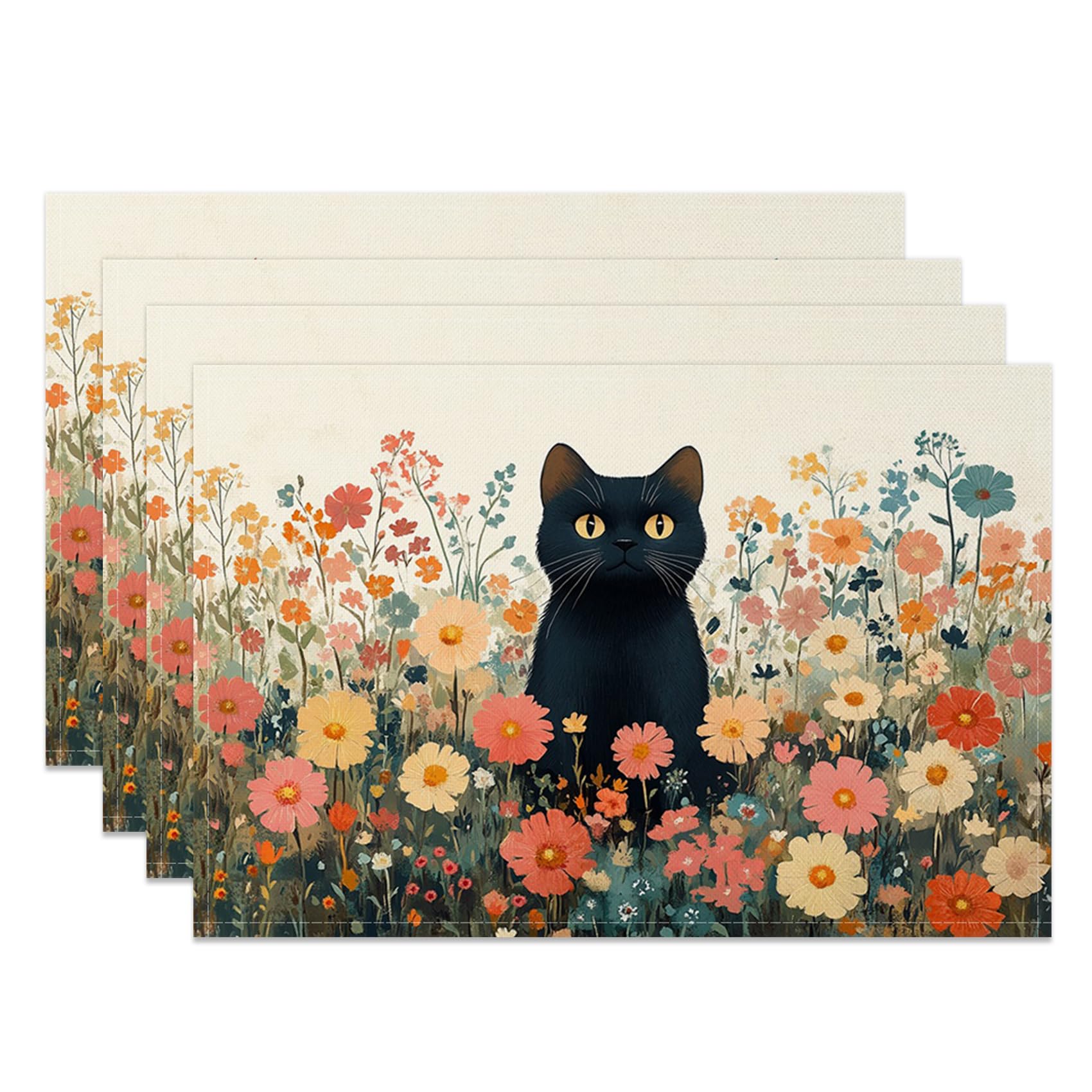 

Black Cat Wildflowers Placemats Set of 4 Spring Summer Colorful Floral Flowers Waterproof Table Mats for Kitchen Home Party Table Decor 12x18 Inch Was 4Pcs