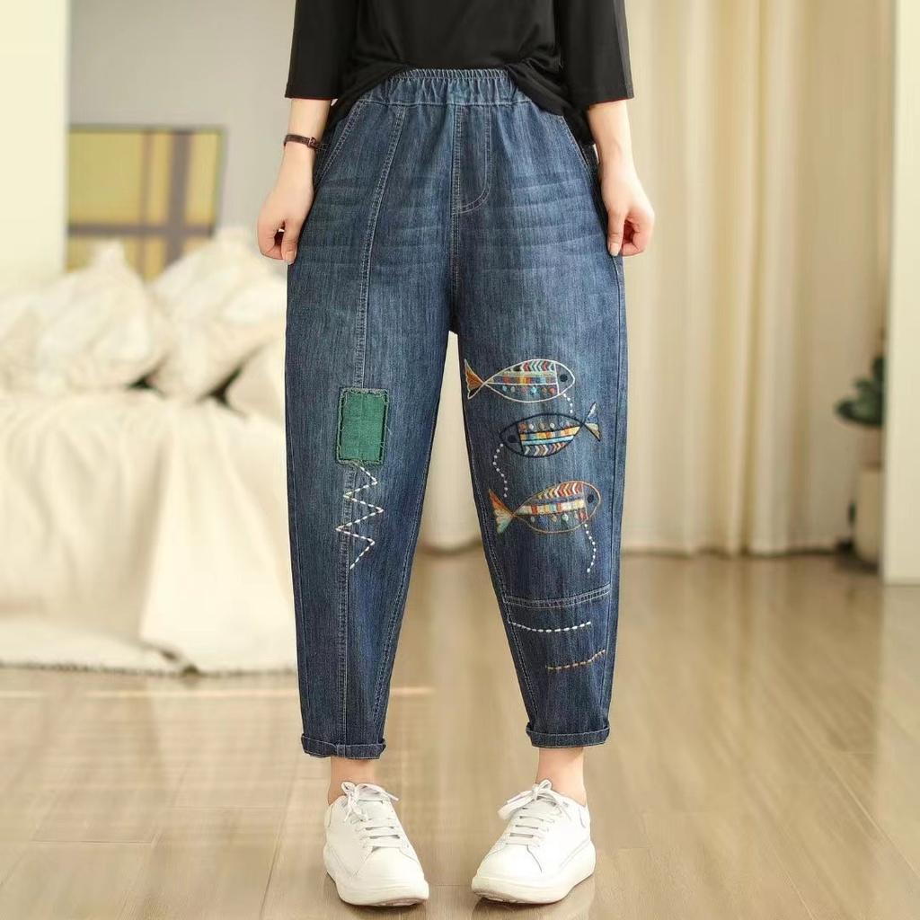 Jarní a letní dámské ležérní harémové kalhoty vyšívané dámské zkrácené kalhoty volné plus size džíny dámské