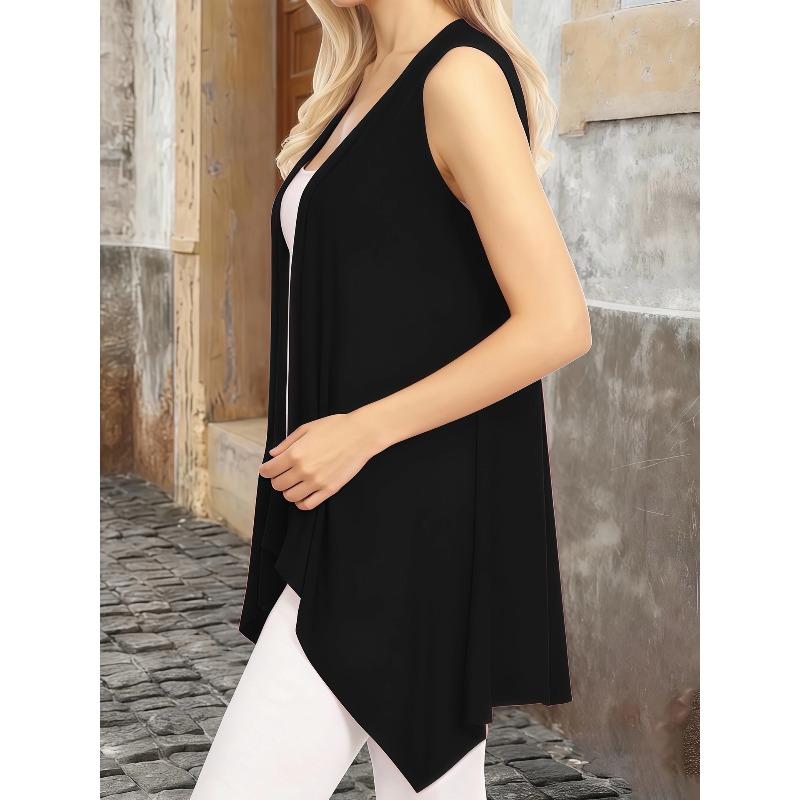 Women Elegant Solid Color Lightweight Sleeveless Open Front Long Duster Vest