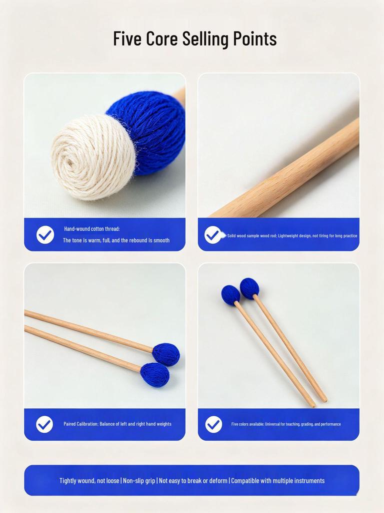 Professional Beech Wood Mallets with Wool Yarn Heads - Soft, Medium, Hard for Marimba & Xylophone
