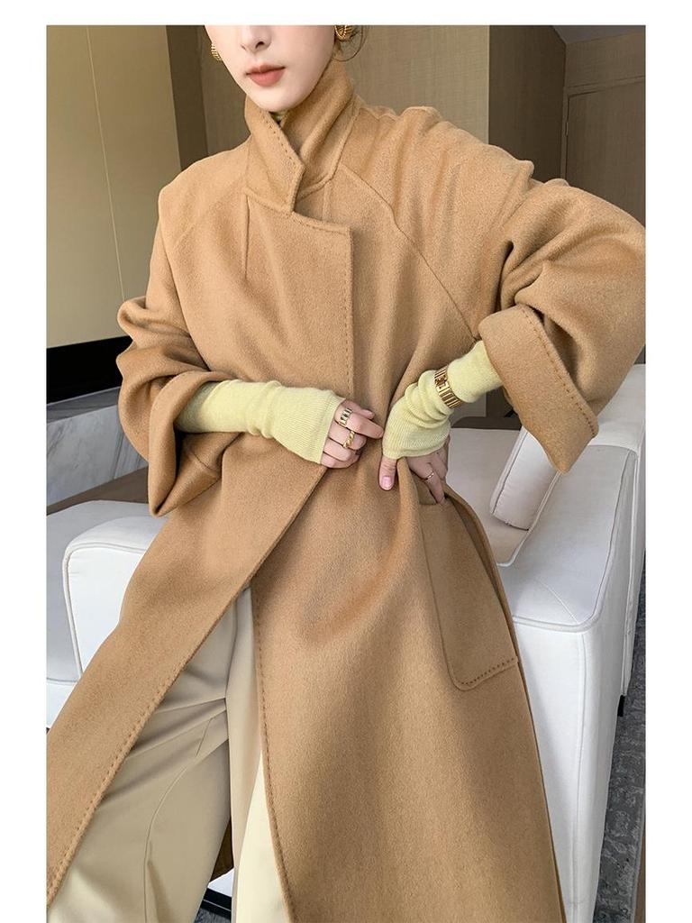 Damenwollmantel doppelseitig mit Bindegürtel: Herbst/Winter, 100% Wolle, Überknielang, Lockere Passform