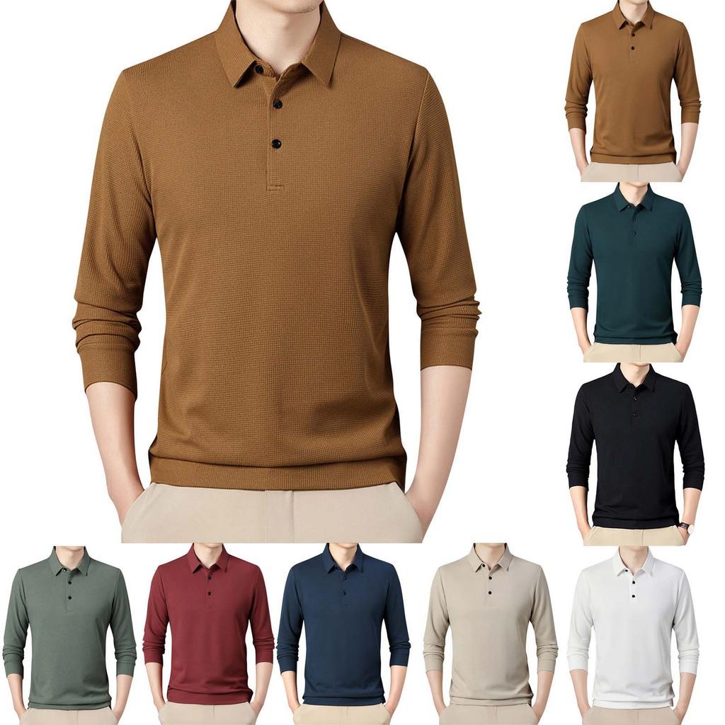 Men's Solid Color Lapel Business Casual Long Sleeved T-shirt Versatile Top