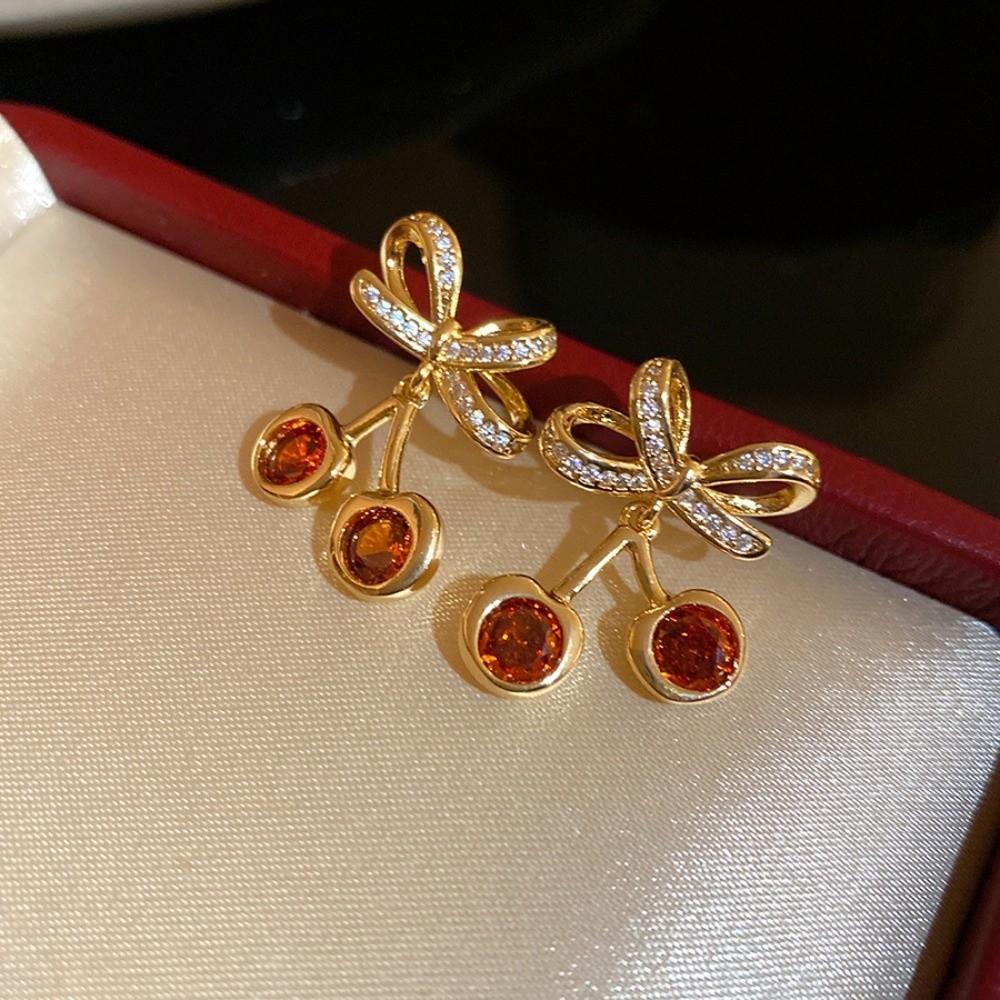 Zircon Bow Cherry Earrings Copper Retro Fruit Earrings High-end Bow Drop Earrings Women