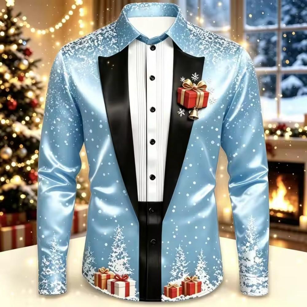 2026 Men's Fashion Christmas Satin Long Sleeve Shirt Christmas Special Edition 3D Printed Snowflake Christmas Tree Cane Candy