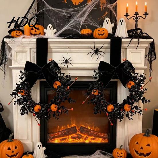 Pumpkin Wreath Halloween for Front Door 9 Inch with Black Entrance Decor