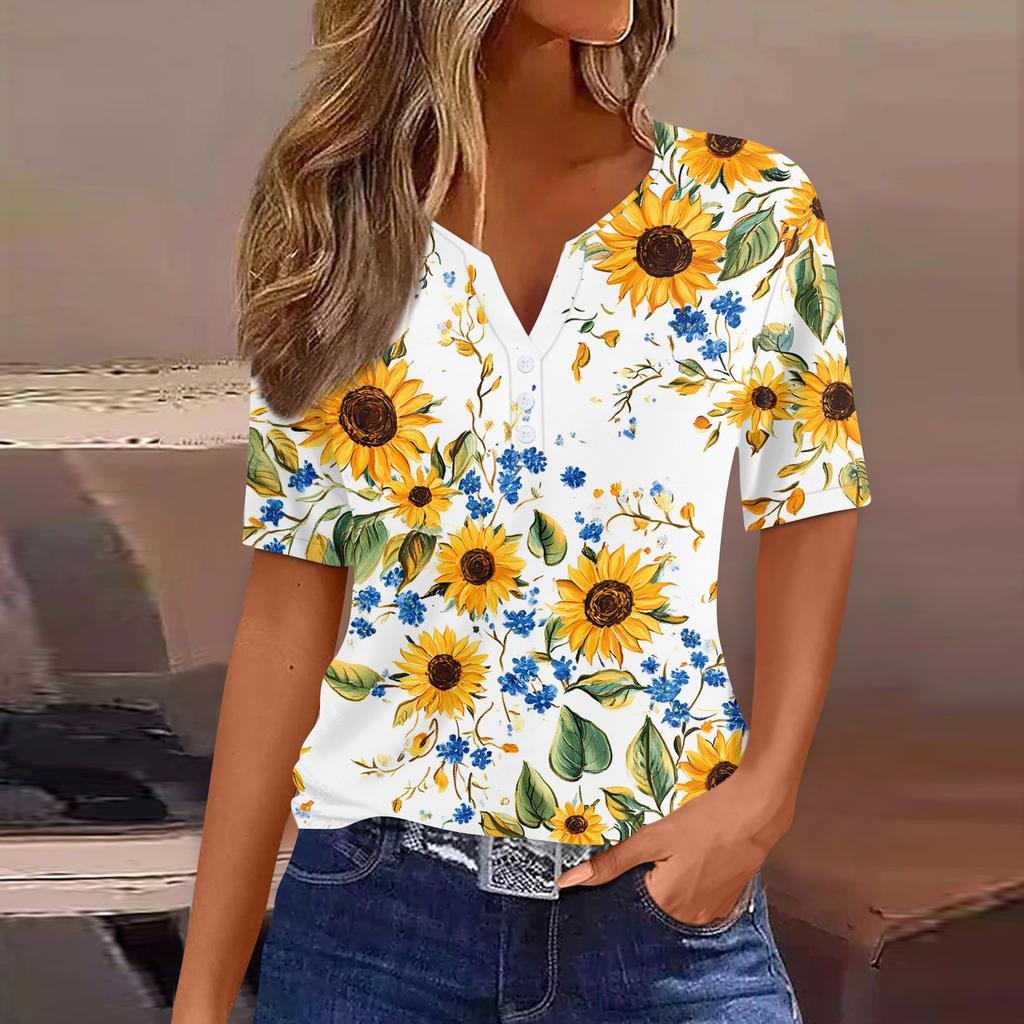Women's T Shirt Print Button Short Sleeve Daily Weekend Fashion Basic V-Neck Regular Top