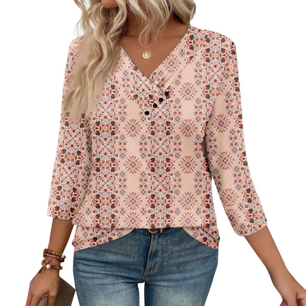 Womens 3/4 Sleeve Daily Weekend V Neck Casual Printed Tshirts Loose Fit Pleated Tees Button Down Shirts