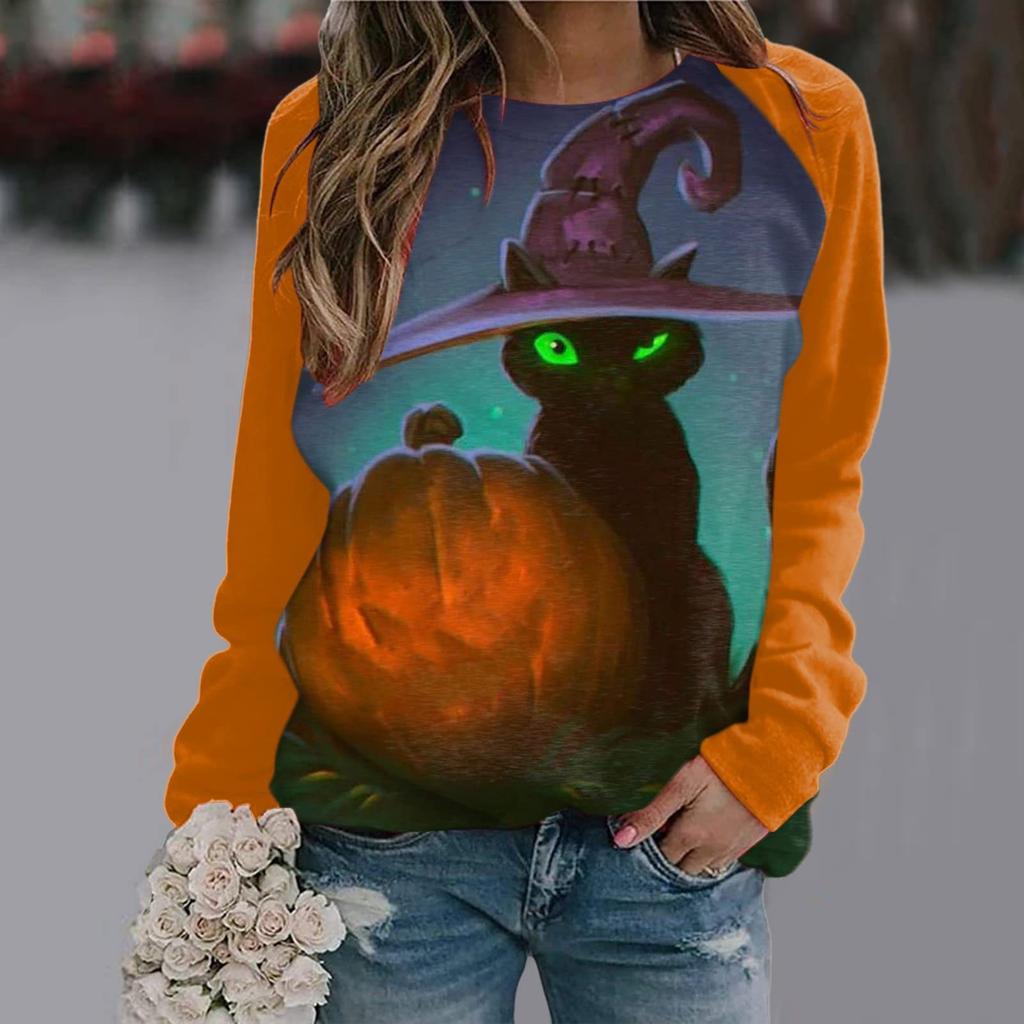 Round Neck Long Sleeved Color Blocked Women's Clothing 3D Printing Halloween Pumpkin Castle Dark Pattern Women Pullover