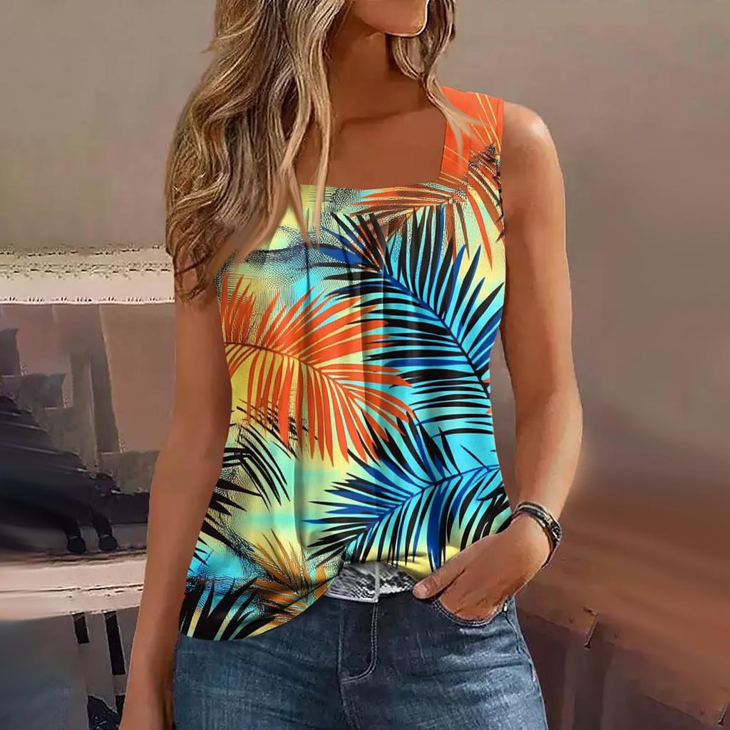 Dámské letní ležérní plisované tílko bez rukávů se čtvercovým výstřihem s potiskem