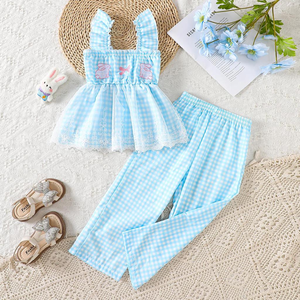 Sommer Süßes Karomuster & Kaninchen Stickerei Set: Trägertop & Weitbeinige Hose für Mädchen