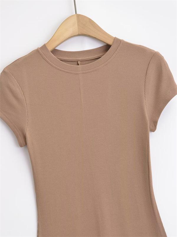 Sleek Back Slit Short Sleeve Round Neck Bodycon Dress - Women's Pure Desire Style