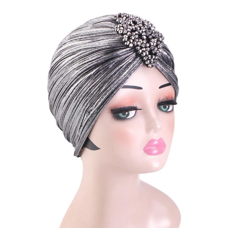 Nové dámské zlaté stříbrné turbanové čepice chemo bandana hidžáb plisovaná indická čepice turbante klobouk dámský šátek na vlasy muslimská pokrývka hlavy