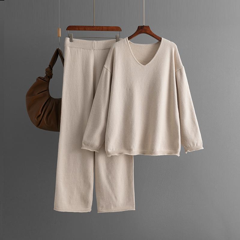 Solid color collar fashion set, new autumn and winter loose high-waisted casual sweater two-piece set