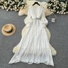 French High-end Temperament Fashion V-neck Lantern Sleeve Strap Waist Streamer Chiffon Dress Women's Elegant Long Skirt