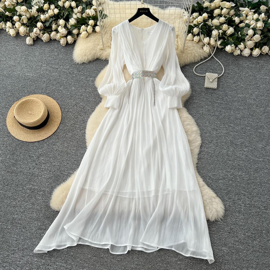 French High-end Temperament Fashion V-neck Lantern Sleeve Strap Waist Streamer Chiffon Dress Women's Elegant Long Skirt