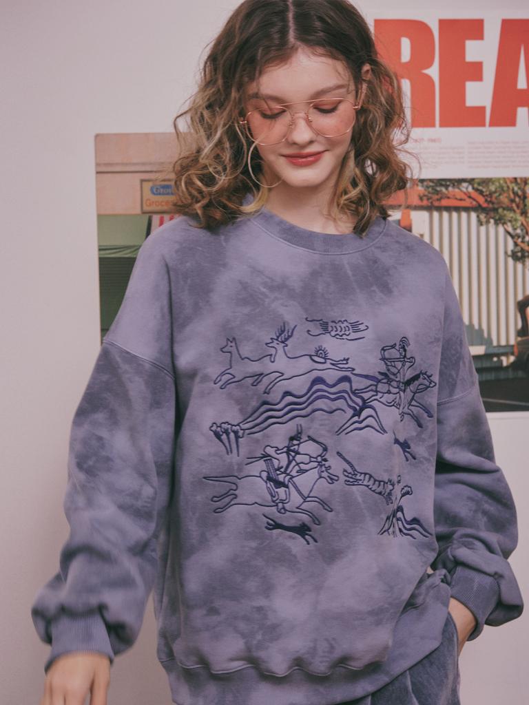 YUGADANG Hunting Scene Fleece-Lined Sweatshirt Oversized Navy