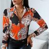 Autumn and Winter Women's Long-sleeved V-neck Colour Blocking Vintage Style Shirt Blouse Tops
