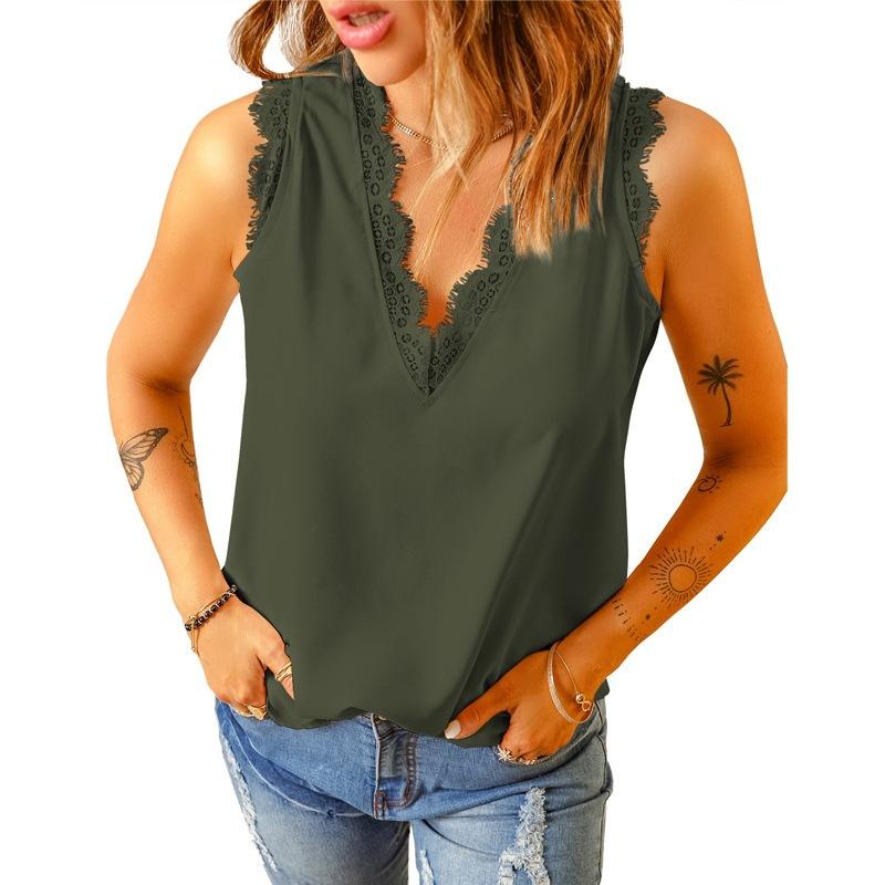 Women's V Neck Sleeveless Tank Top Loose Lace Trim Solid Color Casual Camisole