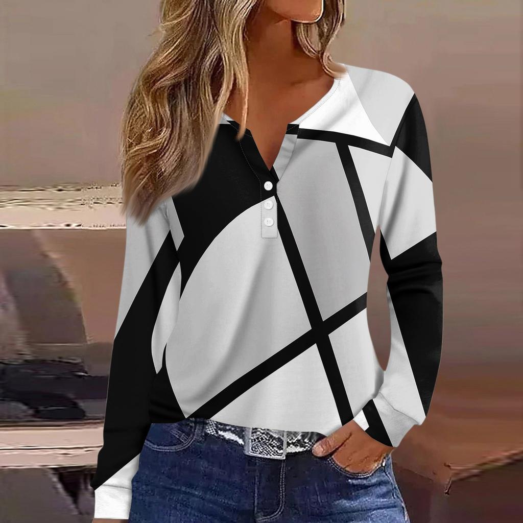 Dámské tričko Tričko Knoflíček Dlouhý rukáv Denní víkendová móda Basic Top s výstřihem do V