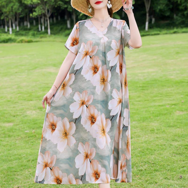Elegant Women's Dresses Summer Vintage Clothes Plus Size Short Sleeve Casual Loose Long Dress