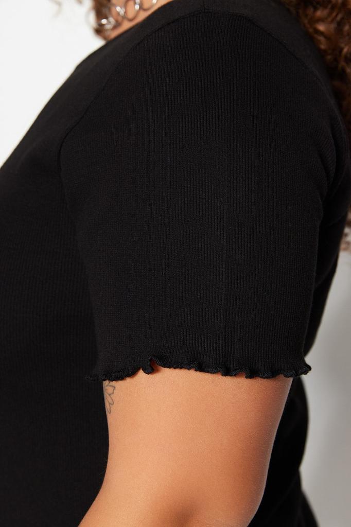 Damen Stil Übergröße Schwarz Rundhals Bodycon Gerippte Strickbluse