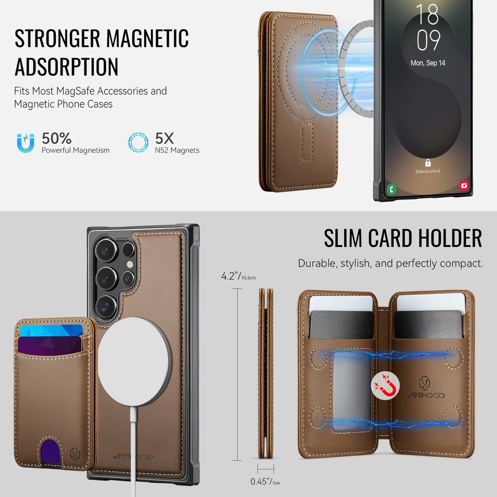 For Samsung Galaxy S24 Ultra Case JEEHOOD J10 Magnetic Case Leather Back Phone Cover with Detachable Card Holder Kickstand
