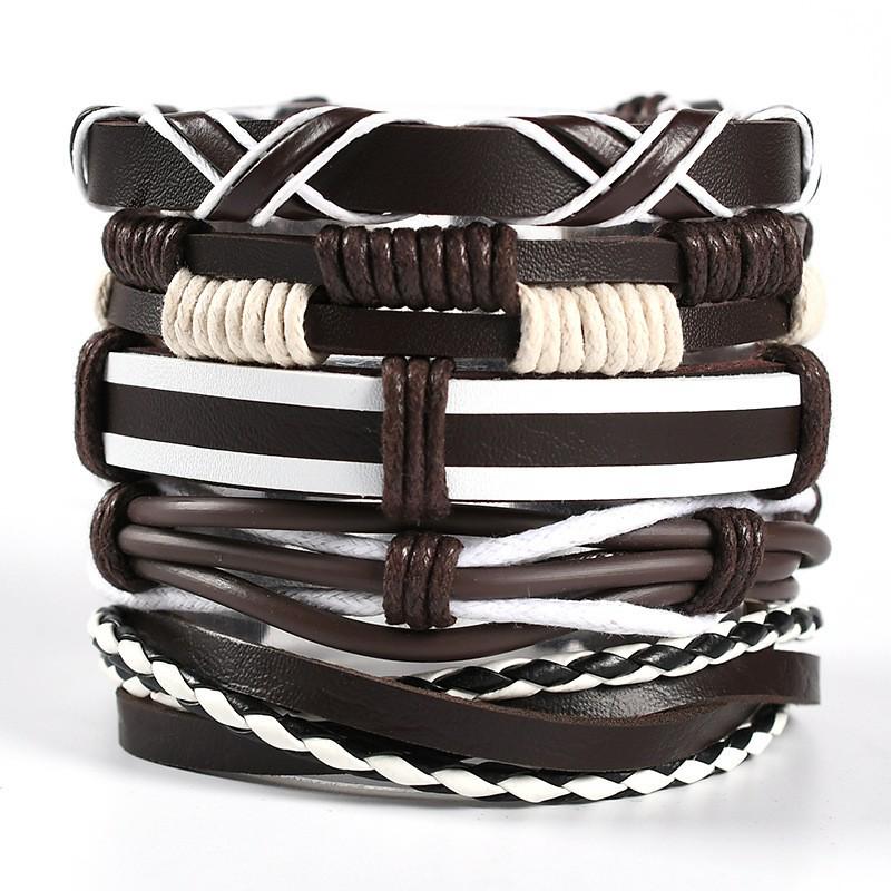 Men's Braided Leather Skull Bracelet Set with Multi-Layered Genuine Leather Bangle