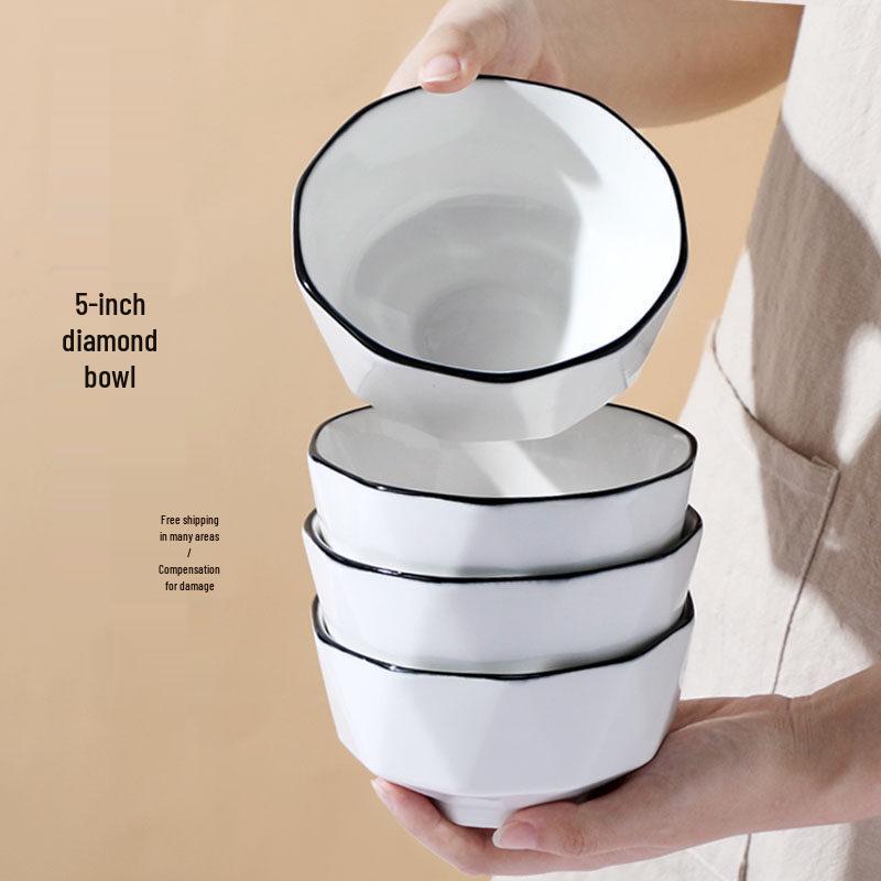 5-Inch Nordic Ceramic Rice Bowl Set - Creative Diamond Design
