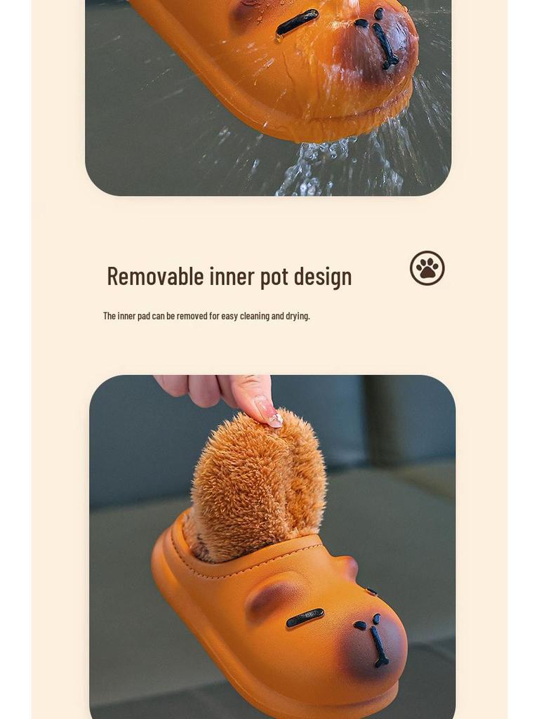 Dziecięce bawełniane kapcie antypoślizgowe Cang-Capybara: Urocze Zimowe Kapcie Indoor z Miękką Podeszwą i Zabawnym Wzorem Kupki