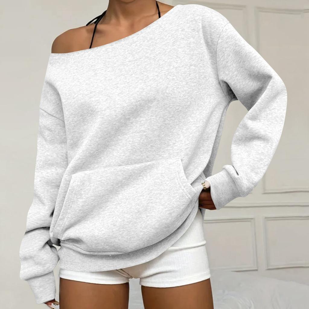 Women's Casual Fashion Solid Color Off-shoulder Long-sleeved Loose Sweatshirt With Pockets