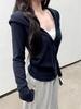 Women's Korean V-Neck Dark Blue Hooded Zip-Up Sweatshirt - Autumn, High-End, Waist-Cinching, Slimming, Trendy.