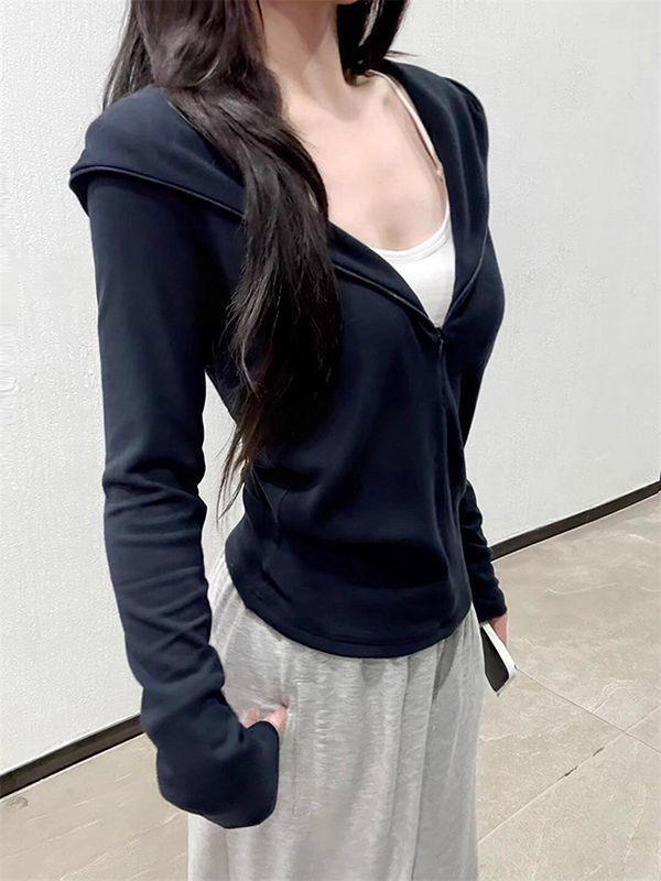 Women's Korean V-Neck Dark Blue Hooded Zip-Up Sweatshirt - Autumn, High-End, Waist-Cinching, Slimming, Trendy.