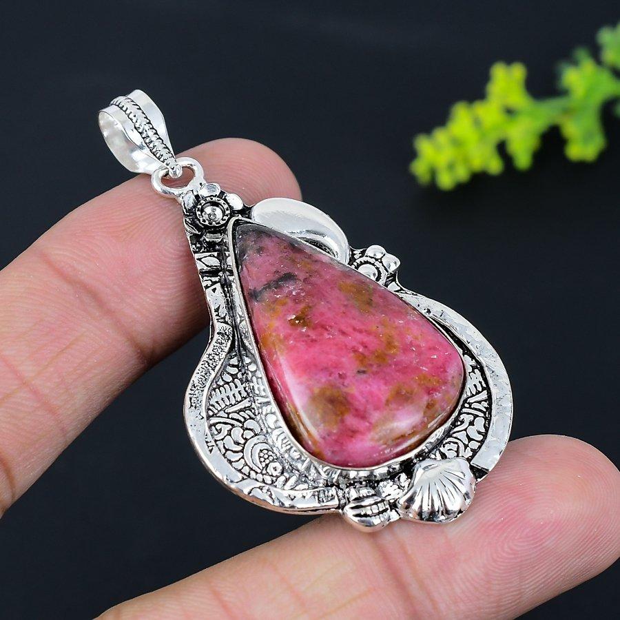 Pietra Preziosa Rodonite Argento Sterling 925 Fatto a Mano Gioiello Regalo Ciondolo 2,36" F8Z48