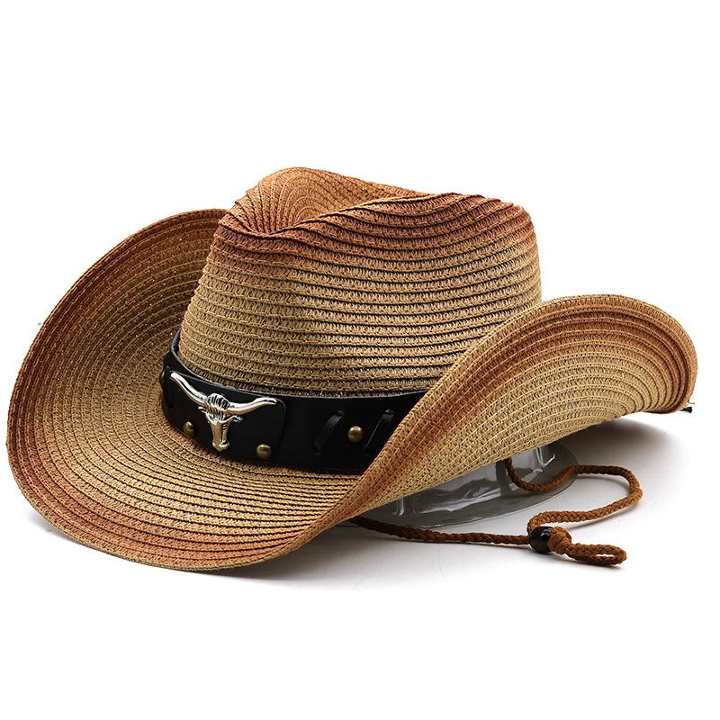 New Bull Head Accessories Western Cowboy Straw Hat Outdoor Sports Mountaineering Tipped Top Hat Foldable Sun Hat