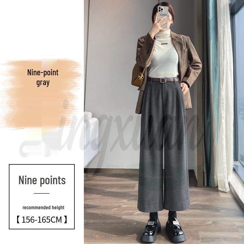 Real Shot 2026 Autumn/Winter Women's Plus Velvet High-Waisted Cropped Woolen Trousers - Straight, Narrow, or Wide Leg Styles