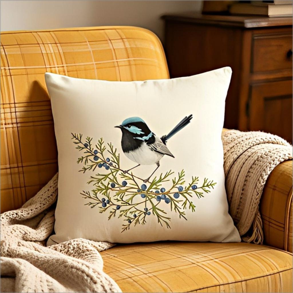 Blauer Zaunkönig Vogel Kissenbezug Aquarell Botanischer Blumendruck Dekorative Kissenhülle Für Naturfreund Heimdekoration Geschenk