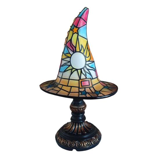 Stained Glass Witch Hat Lamp, USB Powered Night Light for Bedroom Shelf Decor, Halloween Warm Glow Gothic Table Lamp for Home