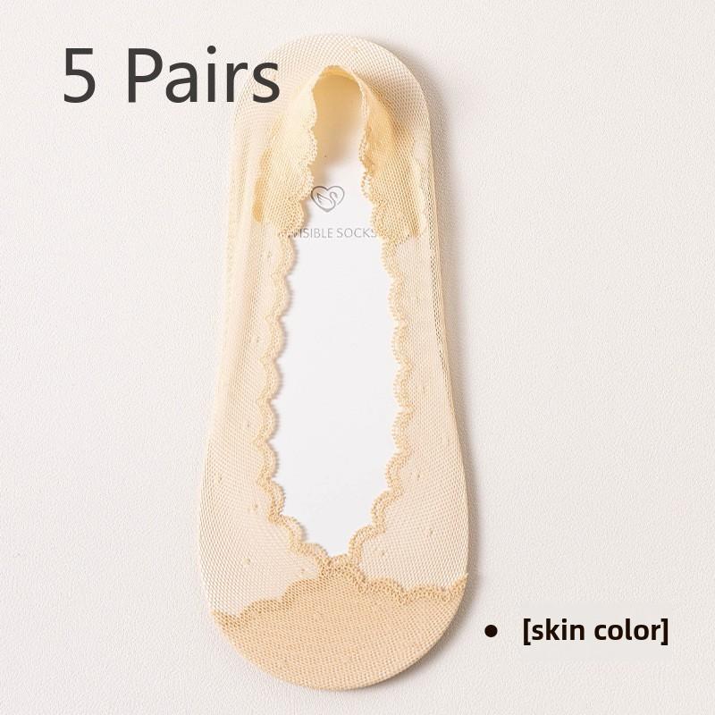 

5 пар женских летних дышащих тонких кружевных силиконовых нескользящих носков-лодочек 5 Pairs телесный