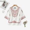 ZANZEA Women Casual Round Neck Ethnic Print Loose Half Sleeve Blouse