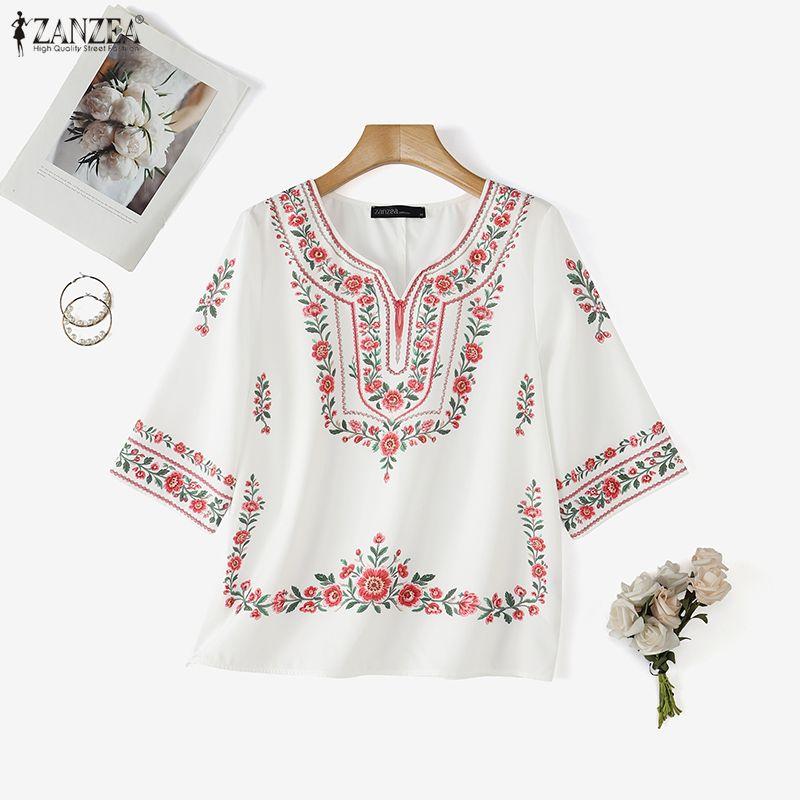 ZANZEA Women Casual Round Neck Ethnic Print Loose Half Sleeve Blouse