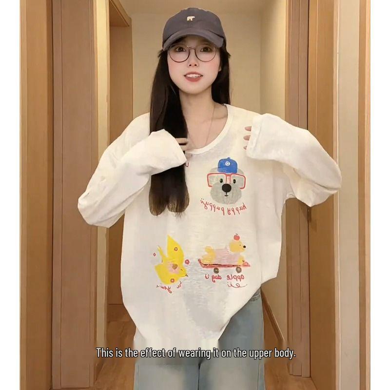 

Женская футболка с длинным рукавом и свободного кроя с принтом корейского мультяшного щенка Medium