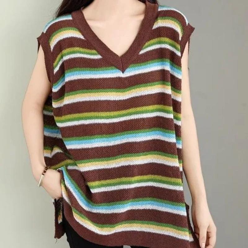 

All Match V-neck Color Blocked Striped Knitted Vest for Women s Summer Outerwear, Mid Length Loose Sleeveless Casual Top L кавовий