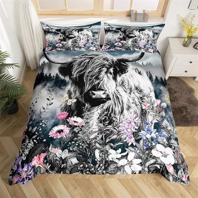 Funda Nórdica Vaca de las Tierras Altas King Queen Animal de Granja Occidental Funda de Edredón Microfibra Toro Ganado Floral Juego de Cama Para Niños Adolescentes