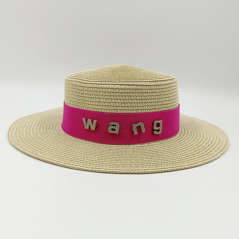 2022 new rhinestone RB letter flat top hat sunscreen black and white straw hat top hat holiday straw hat