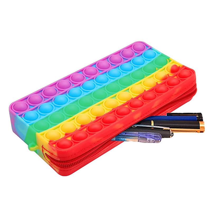 Rainbow Pencil Case Silicone Push Bubble Fidget Toys Stationery Storage Bag Decompression For Kids Back School Season Gifts