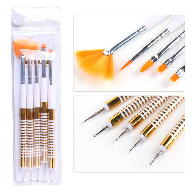 5 Pcs/Set Nail Art Pen 2 In 1 Double Ends Dotting Drawing Painting UV Gel Liner Polish Brush Set Nail Art Dotting Tools