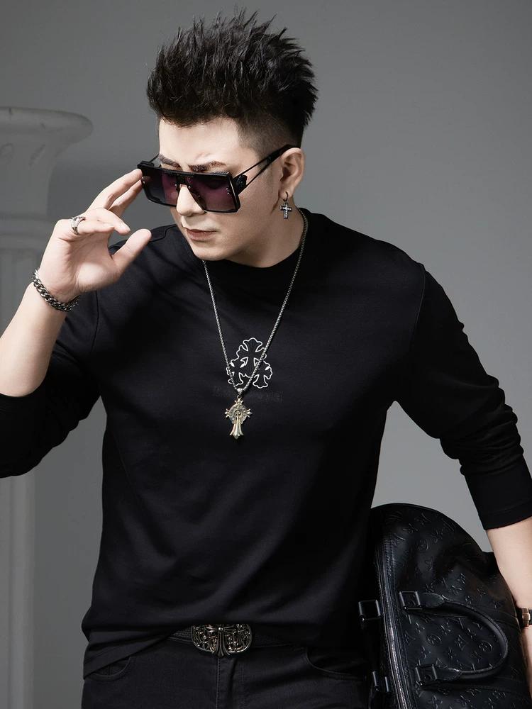European Style Trendy Printed Long-Sleeve T-Shirt for Men, 2025 Autumn New Fashion Brand Round Neck Base Shirt Men's Top