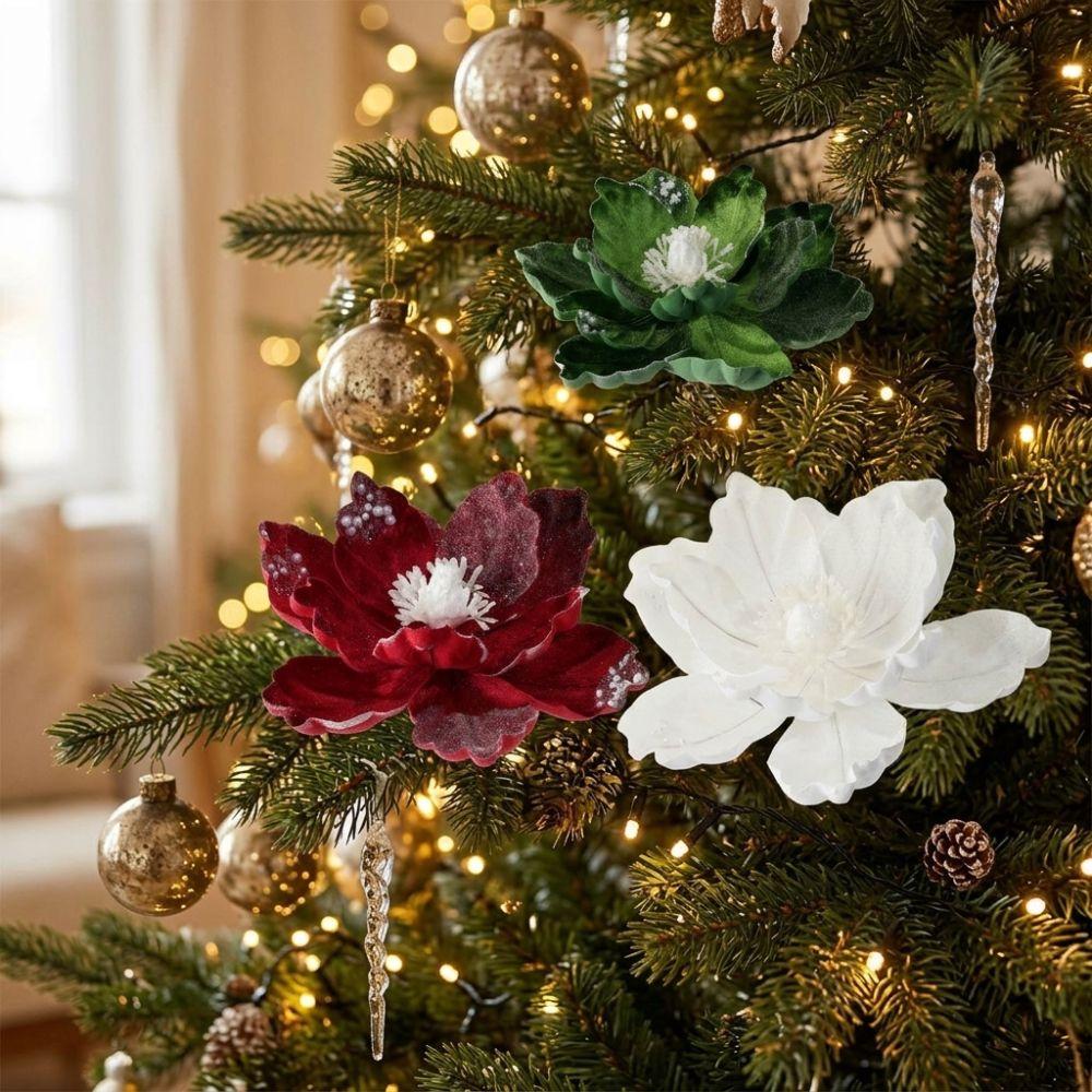 Lifelike Artificial Poinsettia Picks Sequin Fake Christmas Flowers New Year Decor